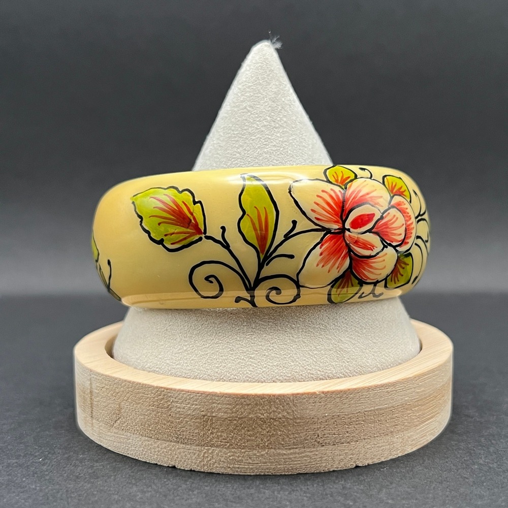 Chunky Floral Bangle Bracelet Cream Red Green Hand Painted Boho Retro